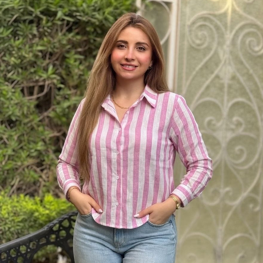 قميص كتان مخطط قصير