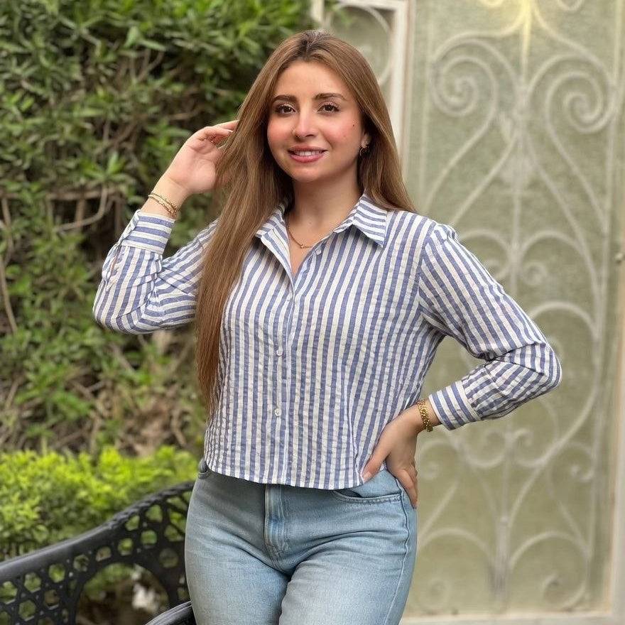 قميص كتان مخطط قصير