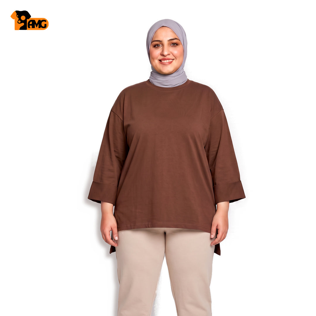 تيشيرت أوفر سايز كم مقلوب - بني