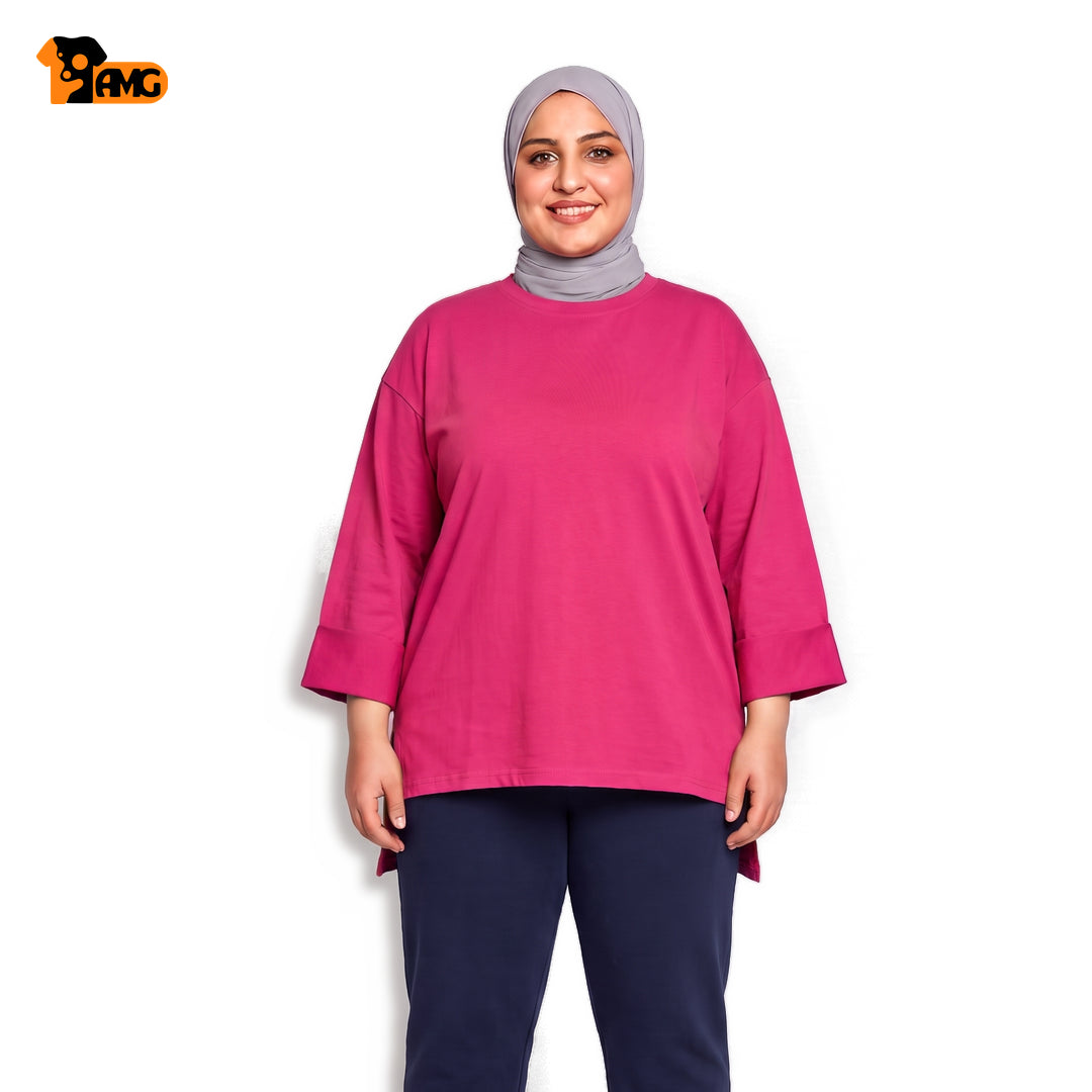تيشيرت أوفر سايز كم مقلوب - فوشيا