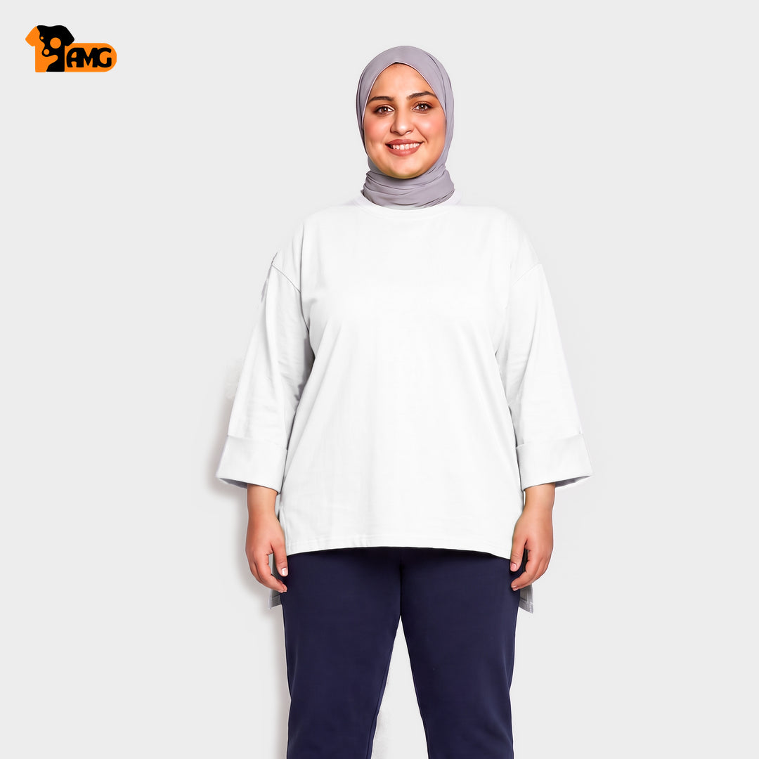 تيشيرت أوفر سايز كم مقلوب - أبيض