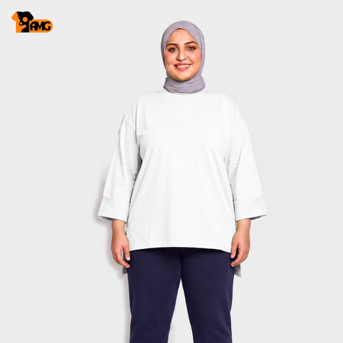 تيشيرت أوفر سايز كم مقلوب - أبيض
